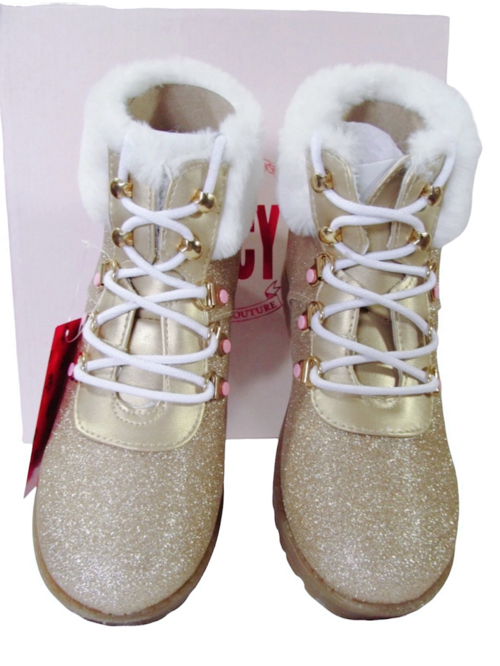 JUICY COUTURE Girls Gold Glittery Castro Valley Bootie Boot W/White Fur Sz 3 NIB